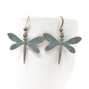Handmade - Big Dragonfly Earrings - Copper With Verdigris Patina